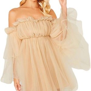 Women's Romantic Off Shoulder Flounce Long Sleeve beige mesh dress